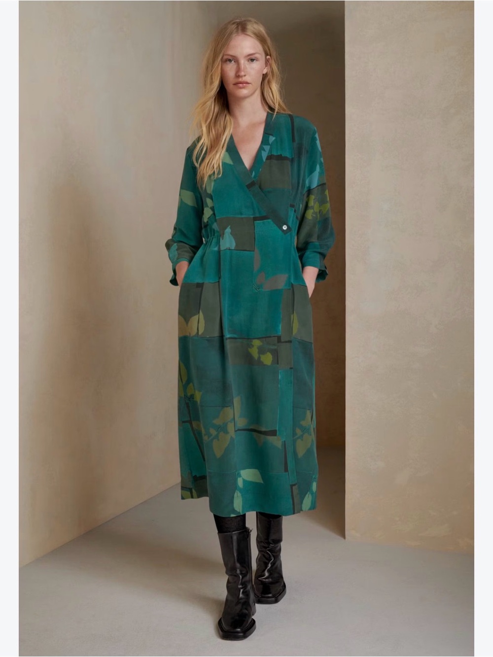 POETRY Printed Wrap Dress in Petrol Green